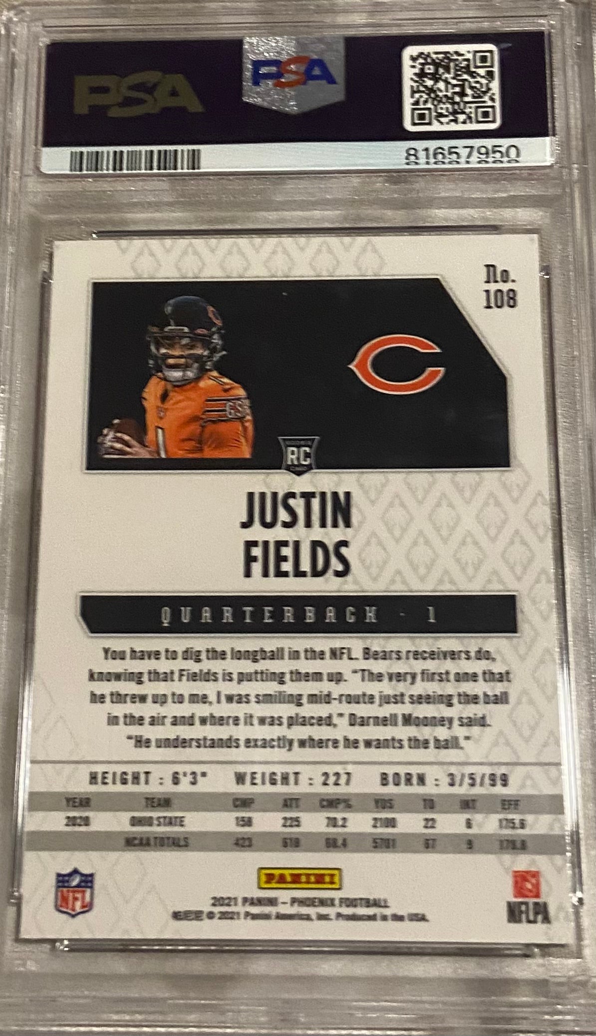 2021 PHOENIX JUSTIN FIELDS FIRE BURST #108 MINT PSA 9 RC CARD